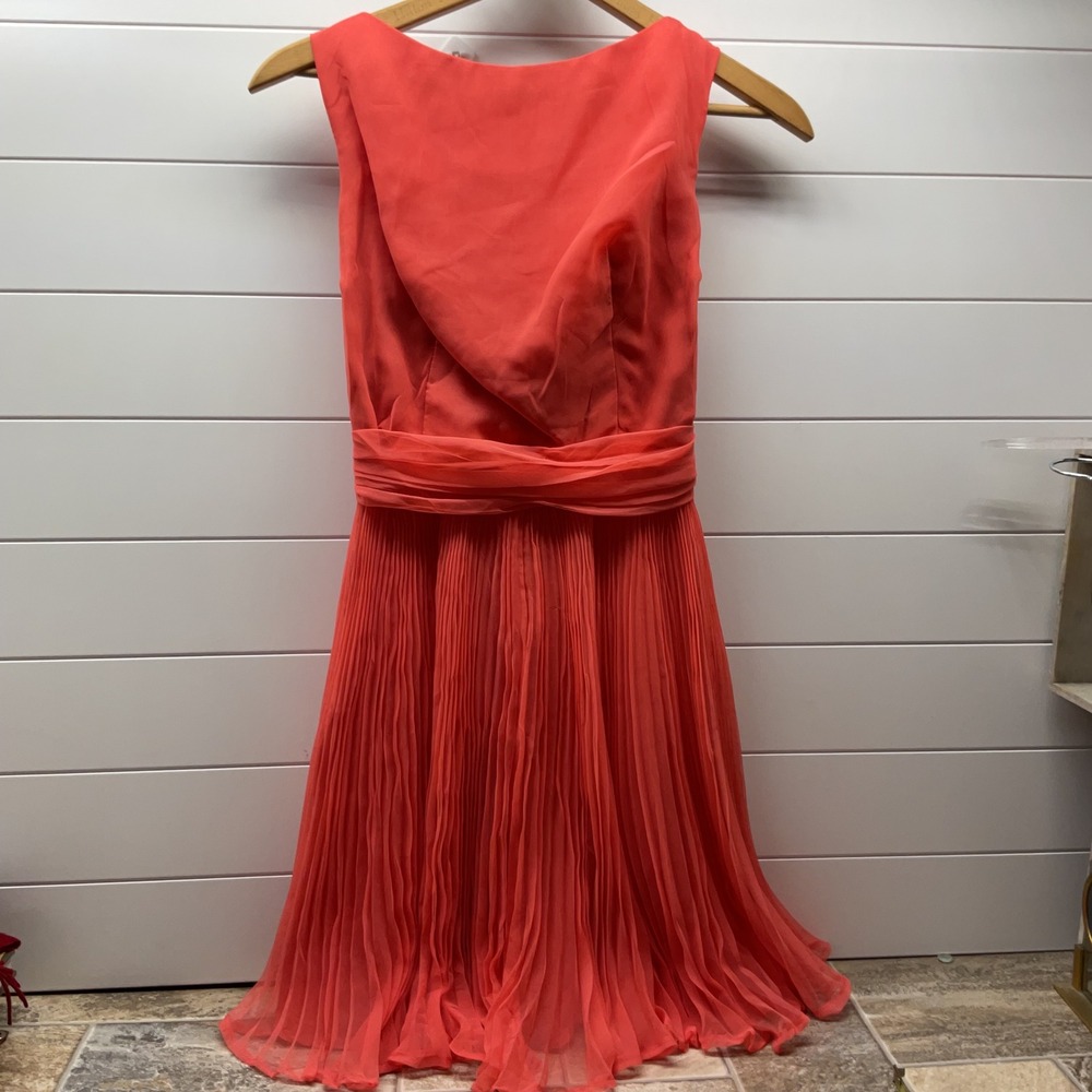 Vintage Coral Pleated Chiffon Cocktail Dress Sleeveless Back Bows Knee Length